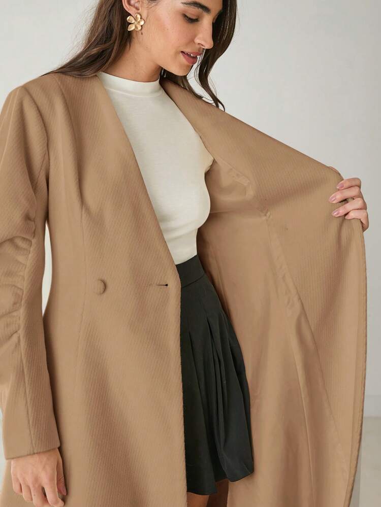 Women's Solid Color Double-Breasted V-Neck Long Sleeve Long Casual Overcoat, Autumn/Winter,For Christmas Party&Romantic Dinner Dates
