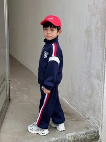 2 Pieces Young Boys Young Boys Casual Academy Comfortable, Stylish, Simple And Practical Japanese And Korean Relaxed Joker Soft And Comfortable With Pattern And Ribbon Decoration Grab Comfortable And Thick Stand Collar Jacket Hoodie And Trousers Suit Suitable For Suburban Play Kids Outfits School Back To School Young Boys SetYoung Boys Outfits Daily Fit For School Fit For Travel Fit For Sports Fit For Fall And Winter