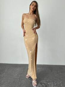 Aloruh Elegant Rhinestone Mesh Beaded Sexy High Slit Bandeau Bodycon Dress For Date, Birthday Party - Apricot - View 6