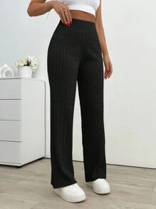 EURMUSE Women's Solid Color Straight Leg Loose Cable Knit Pants, Autumn/Winter - Black - View 3