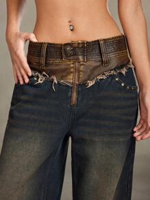 ROMWE Grunge Punk Y2K Vintage Patchwork Leather Loose Wide Leg Washed Denim Jeans