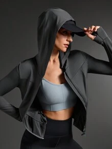 SHEIN Sports Solid Color Ruched Fitted Hooded Sports Jacket