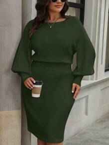 EMERY ROSE Plus Size Solid Color Round Neck Fitted Elegant Long Sleeve Sweater Dress, Winter Fall Cloth For Women - Army Green - View 7