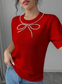 Selianne Áo len nơ trang trí ngọc trai giả cho nữ, cổ tròn tay ngắn thường ngày cho quần áo năm mới - Đỏ - Xem 3