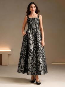 Anewsta Women's Black Embroidered Backless Spaghetti Strap Maxi A-Line Dress, - Black - View 6