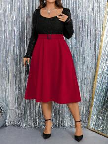 SHEIN Clasi Vestido largo de fiesta de línea A con estética ajustada, de manga larga, cuello cuadrado y encaje para mujeres de talla grande, para otoño/invierno