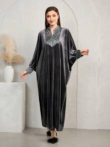 Al Najma New Velvet Fabric  Arabic Abaya Long Robe, Grey, Modest Elegant Butterfly Kaftan & Jalabiya, For Evening Party/Wedding Guest/Anniversary - Grey - View 1