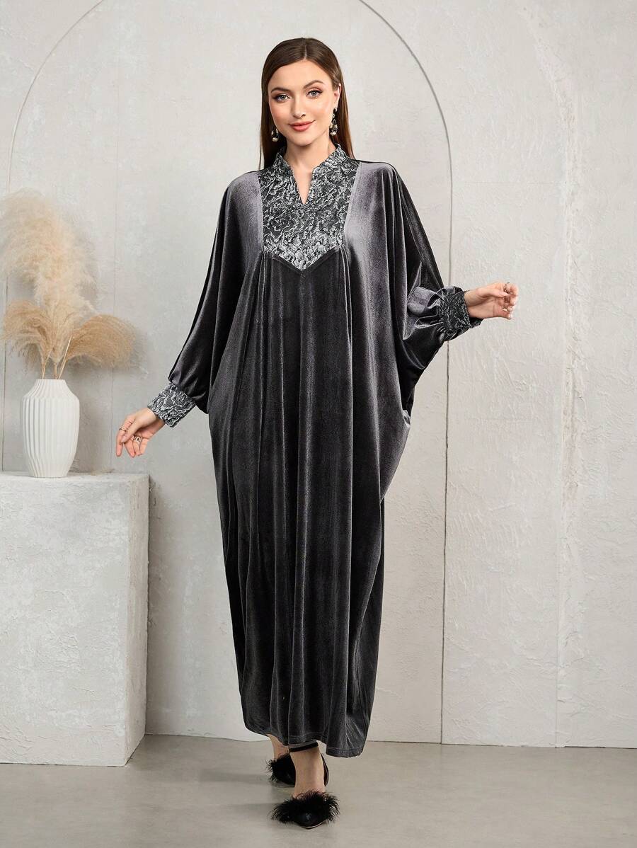 Al Najma New Velvet Fabric  Arabic Abaya Long Robe, Grey, Modest Elegant Butterfly Kaftan & Jalabiya, For Evening Party/Wedding Guest/Anniversary - Grey - View 1