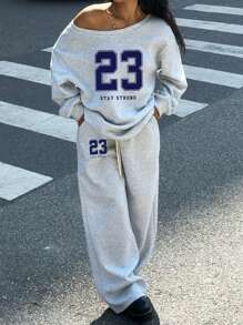 Muchica 2pcs Women's 23 Number Graphic Wide Neck Off Shoulder Loose Sweatshirt And Wide-Leg Thick Warm Pants Set, Suitable For Autumn/Winter Back To School Teacher