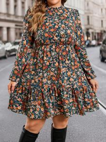 SHEIN Clasi Vestido largo con cintura estampado de flores pequeñas, talla grande, otoño/invierno