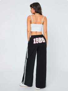 SHEIN SXY Pantalones casuales de mujer con abertura, impresión digital blanca y encaje en la espalda, para actividades deportivas de ocio diarias