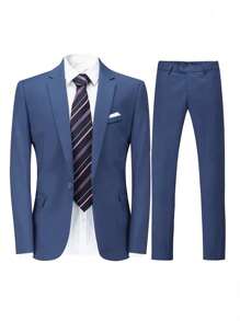 Calvornis Set Of 2 Men's Solid Color Suit With Belted Long Sleeve Jacket And Pants - Navy Blue - View 5