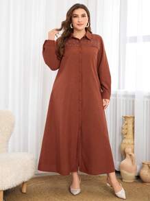 Al Najma Lace Trim Collar Splice Elegant Plus Size Women Long Dress, Modest Casual Shirt Maxi Dresses, For Casual Daily