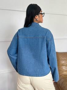 SHEIN EZwear Chaqueta vaquera de manga larga con detalle de lazo, azul, talla grande