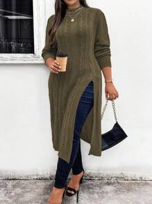 Elenzga Plus Size Solid Color Long Slit Side Casual Sweater, Autumn/Winter Knit Pullover Fall - Army Green - View 1