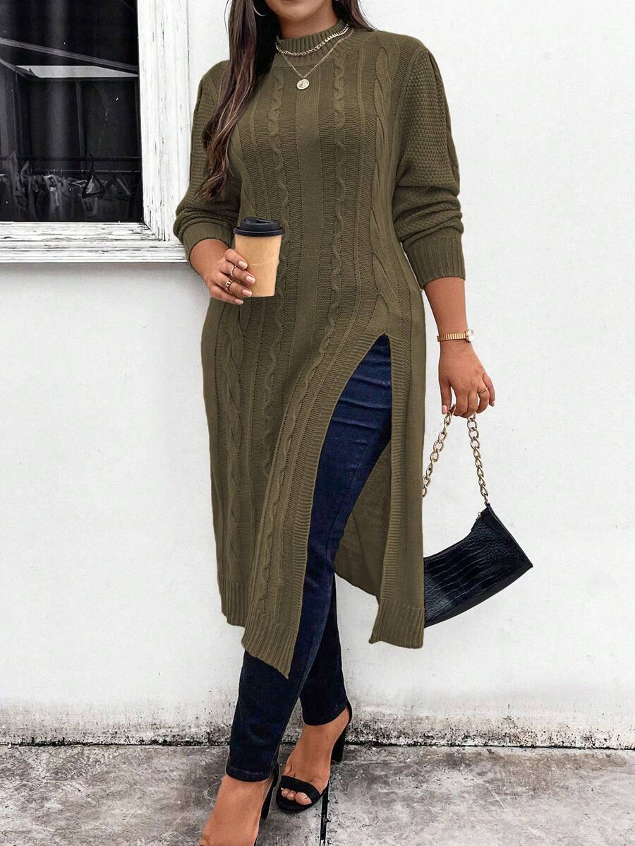Elenzga Plus Size Solid Color Long Slit Side Casual Sweater, Autumn/Winter Knit Pullover Fall - Army Green - View 1