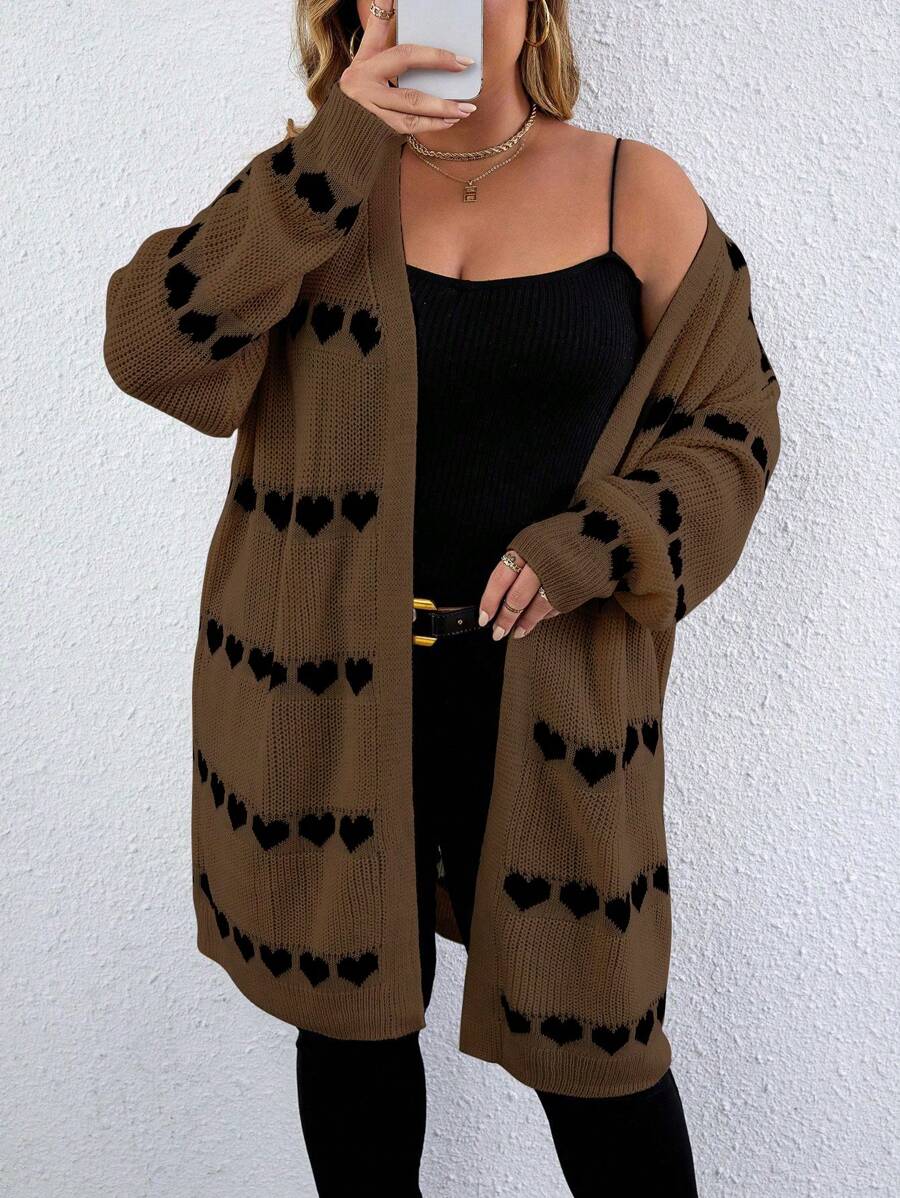 Calvaya Plus Size Casual Heart Design Front Open Loose Cardigan, Suitable For Autumn/Winter - Mocha Brown - View 1