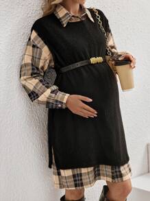 SHEIN 2pcs/Set Pregnant Women Plaid Drop Shoulder Long Sleeve Shirt Dress And Solid Round Neck Camisole Dress, Autumn - Multicolor - View 4