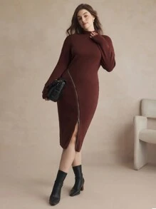 BizChic Plus Size Stand Collar Zipper Design Slim Fitted Sweater Dress, Casual Winter Women Outfits Winter Women Dress  Sweater Dress