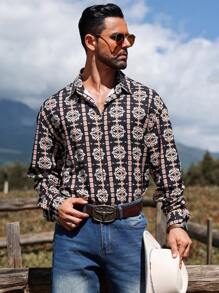 Manfinity Homme Manfinity Nomadique 男士波西米亚风几何印花长袖单排扣宽松休闲衬衫，秋季，印花图案衬衫，男友礼物 - 彩色 - 查看 4