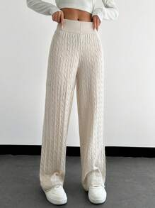 SHEIN PETITE Casual Solid Color Cable Knit Sweater Pants, Fall/ Lounge Apricot - Apricot - View 4