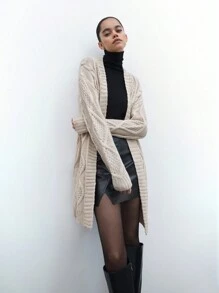 Maija Urban Elegant Casual Outdoor Retro Women Camel Color Cable Long Knit Cardigan, Autumn/Winter New Arrival