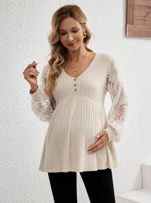 SHEIN Áo thun tay dài rộng cổ chữ V cài nút cho phụ nữ mang thai, mùa thu - Màu be - Xem 3