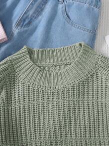 SHEIN Leap Crew Suéter de cuello redondo de punto texturizado color verde oliva para adolescentes - Verde - Ver 4