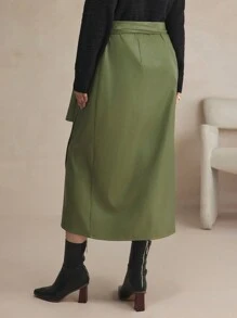 BizChic Plus Size Women's PU Leather Lace-Up Elegant Office Winter Skirts - Army Green - View 2