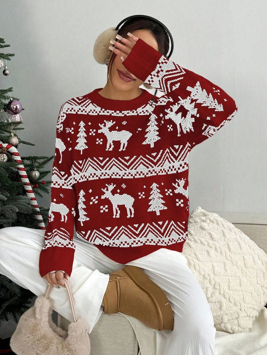 SHEIN Unity Christmas Casual Contrast Color Deer & Geometric Pattern Knitted Sweater, Autumn/Winter Fall - Multicolor - View 1