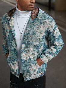 Manfinity Homme 1 件男士花卉印花口袋连帽衫拉链前运动衫，男士 INS 潮流蓝色纹理艺术花卉提花连帽拉链运动衫，秋冬男士外出彩色图案长袖休闲连帽衫，适合朋友、丈夫、男朋友的礼物 - 藍色 - 查看 4