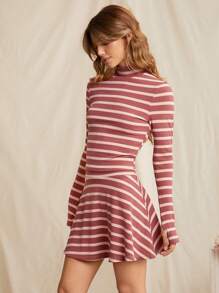 WESTFADE Spring Striped Turtleneck Long Sleeve Fitted Crop Top Western Nashville Cowgirl - Pink - View 3