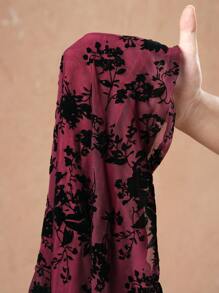 Slaydiva Sexy & Elegant V-Neck, Mesh & Flocked Trim, Long Sleeve A-Line Mini Dress, Red - For Valentine's Day - Black - View 5