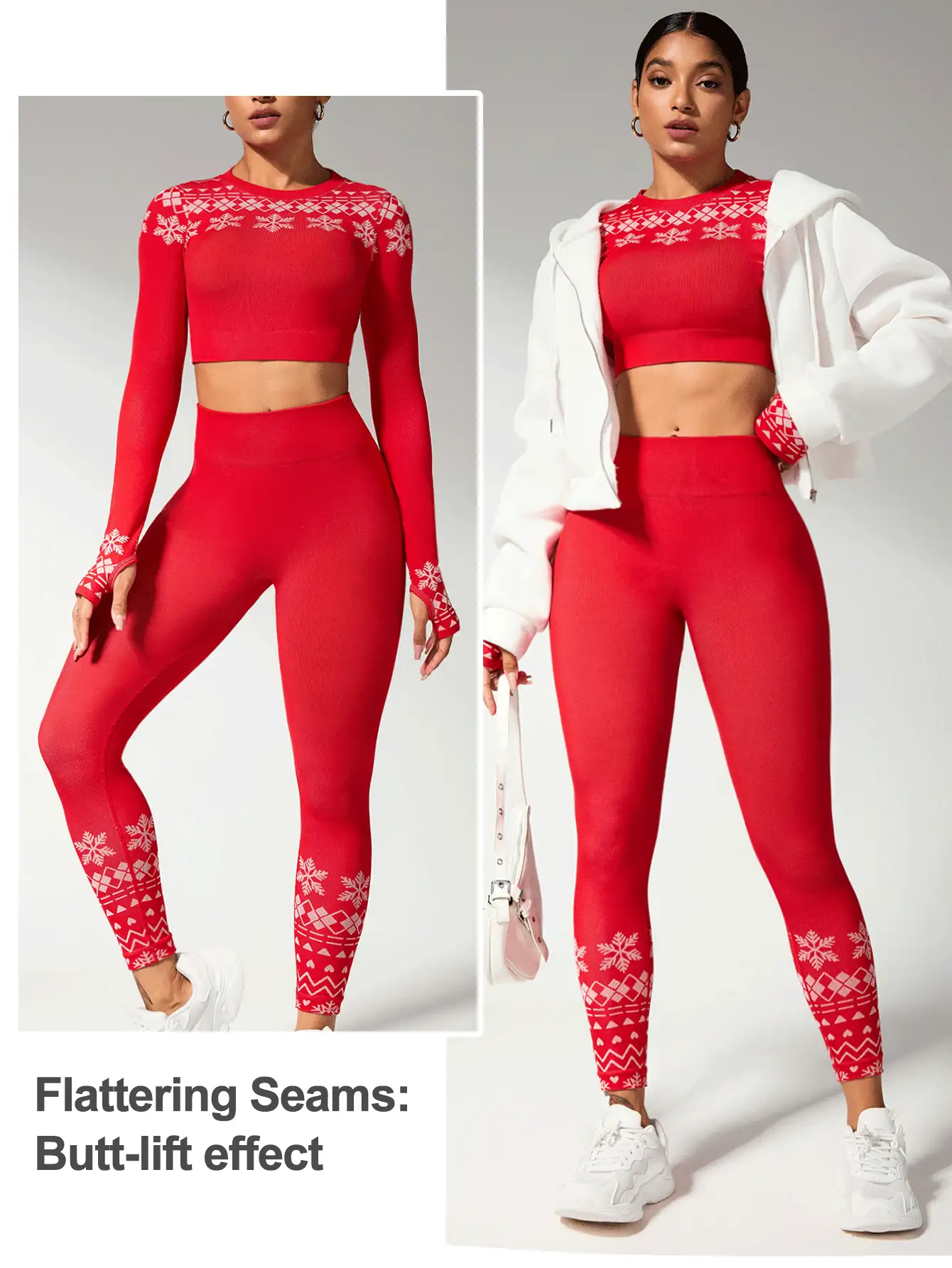 Easithlete Bộ đồ thể thao tập gym in hình bông tuyết Giáng sinh cho nữ dài tay và quần dài cho dịp Tết Nguyên đán - Đỏ và trắng - Xem 2