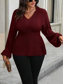 EMERY ROSE Plus Size Solid Color Lantern Sleeve Casual Sweater For Autumn And Winter For New Year Knit Pullover Fall - Red - View 4