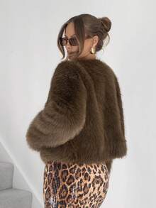 SHEIN Essnce Cappotto morbido marrone, maglione in pelliccia sintetica da donna a maniche lunghe, cardigan casual da donna a tinta unita a maniche lunghe, giacca morbida invernale - Caffè Marrone - Visualizzare 2