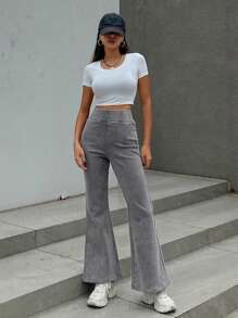 DAZY 女式高腰弹力紧身喇叭牛仔裤 - 灰色 - 查看 2