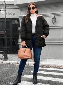 SHEIN LUNE Abrigo acolchado con cremallera frontal con capucha de unicolor de manga larga para mujer talla grande, conjunto de ropa de invierno térmica para vacaciones