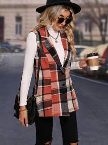 SHEIN PETITE Áo khoác vest thắt eo kẻ sọc giản dị dành cho nữ (In ngẫu nhiên) - Cà phê nâu - Xem 6