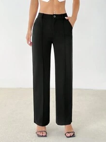 SHEIN PETITE Pantalones rectos lisos de uso casual y de oficina para mujeres