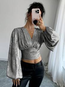 Chiquease Blouse élégante à manches longues, col en V, froncée, croisée et de couleur unie