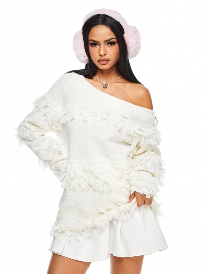 Y2K Stil Lässig Minimalist einfarbiger Pullover mit ausgefranstem Saum und schräger Schulter, locker geschnitten