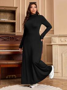 SHEIN EZwear Vestido largo de tela mullida y suave, de cuello alto, elástico y cálido, de talla grande, para otoño/invierno