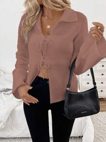 SHEIN Unity Cardigan relajado con nudo delantero ajustable y cuello, color beige - Rosa vieja - Ver 4