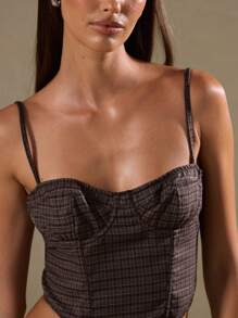 MUSERA 格子图案钢圈露脐吊带背心，夏季度假伊比沙岛海滩装，柔和迷幻的度假音乐节狂欢春季 - 咖啡棕 - 查看 4