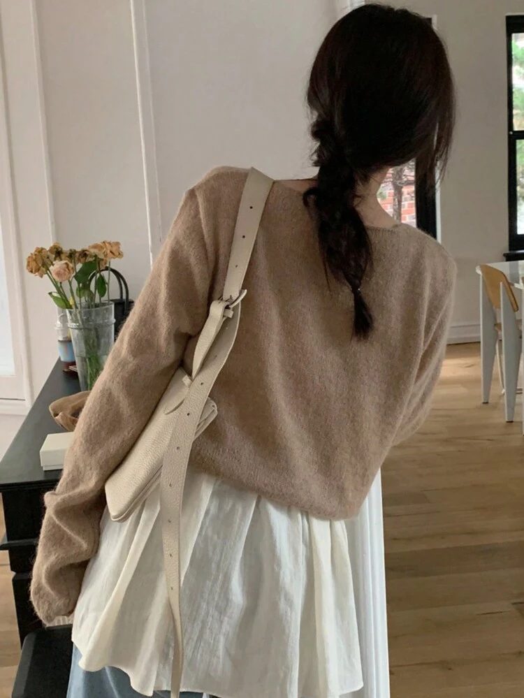 Women Plain V-Neck Loose Short Casual Pullover Sweater,Fall Women Clothes