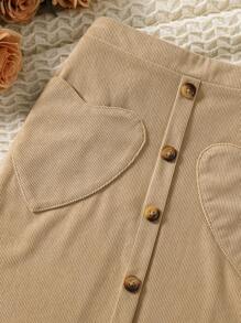 SHEIN Vintaside Kids Girls' Casual Corduroy Heart Pocket Mid-Length Fitted Skirt - Khaki - View 4