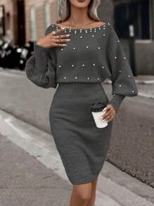 SHEIN Clasi Elegant Pearl Embellished Bell Sleeve Sweater Dress, Autumn/Winter