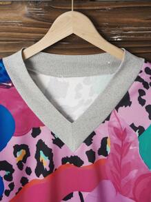 INAWLY V 领宽松休闲运动豹纹花卉印花套头衫加厚保暖连帽衫女式运动衫，秋冬季 - 彩色 - 查看 6