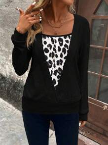 SHEIN LUNE Women Plain Color Splice Long Sleeve Minimalist Sweatshirt, Casual Daily Wear Leopard Print Top Graduation,Back To School Outfits,Graduation,Teacher Outfits For Women,Back To School - Multicolor - View 4